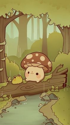 a mushroom sitting on top of a log next to a small bird in the woods