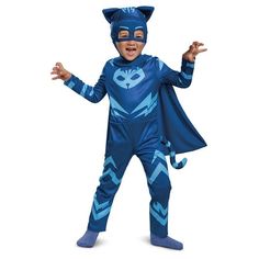 a little boy dressed up as a catboy in blue and black with his hands out