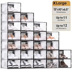 large stacking bins with shoes on each side and bottom shelf for shoe storage