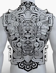 the back of a man's body with an intricate tattoo design on his chest