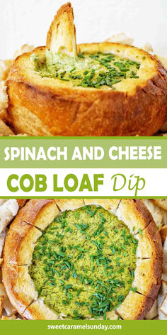 Spinach dip in a hollowed bread bowl. There is text written between 2 images. Gouda Dip, Spinach Dip Bread Bowl, Spinach Cob Loaf, Cob Loaf Dip, Baked Dip, Cob Bread, Quick And Easy Bread, Bread Bowl Dip, Fancy Appetizer Recipes