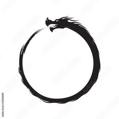 a black and white drawing of a dragon on the inside of a circle with it's tail curled up