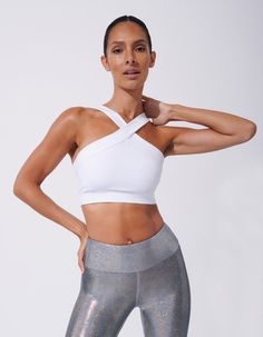 Fitted Bra With Removable Pads For Pilates, Yoga Stretch Bra With Cross Back, Fitted Yoga Bra With Crisscross Straps, Fitted Bra With Crisscross Straps For Yoga, White Fitted Yoga Bra, Fitted Sports Bra With Built-in Bra For Barre, White Sports Bra With Built-in Bra And Cross Back, Fitted White Bra For Gym, Fitted Crisscross Sports Bra With Built-in Bra