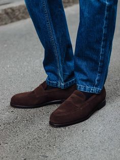 Launched in 2017, The Penny Loafer is our take on a classic staple — Refined and developed for over five years, resulting in a contemporary silhouette that works great with both casual and formal outfits. A superb partner for everyday wear, handcrafted in Almansa with a Goodyear welt and rubber sole, ensuring you can wear them for years to come.    Fits large in size  We recommend selecting half a size down from what you usually wear in lace-up shoes. Please refer to our Size Guide above or reac Shoes For Guys, Loafers Men Outfit, Casual And Formal Outfits, Penny Loafers Men, Loafers Outfit, Gentleman Shoes, Suede Leather Shoes, Mens Outfit Inspiration, Formal Outfits