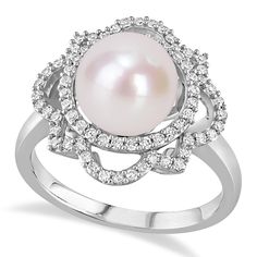 Round Freshwater Cultured White Pearl and Diamond Ring 14k White Gold 0.375 ct - AZ3530 Pearl And Diamond Ring, Ring White Gold, White Gold Diamond Rings, 14k White Gold Ring, Pearl Diamond, Ring Size Guide, Natural Pearls, Pearl Ring, White Pearl