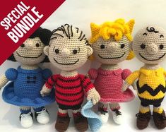 three crocheted dolls are standing next to each other with the words special bundle on them