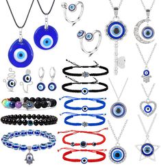 PRICES MAY VARY. 【Affordable Jewelry Set】The package contains 9 pieces of evil eye pendant necklaces, 9 pieces of evil eye bracelets , 1 pair of evil eye earrings,2 pieces of evil eye rings and 2peices of evil eye nose rings .More choices for your daily wearing. Sufficient quantity are provided for you to wear, replace or share with friends, family or relatives. 【Symbolic Meaning】The evil eye pendant means protection in Turkish and Greek culture. This kind of bracelets and necklaces are consider Heart Eye Necklace Clay, Evil Eye Nose Rings, Wood Necklace Men, Evil Eye Rings, Handmade Evil Eye, Lucky Blue, Bracelets With Meaning, Evil Eye Earrings, Evil Eye Ring