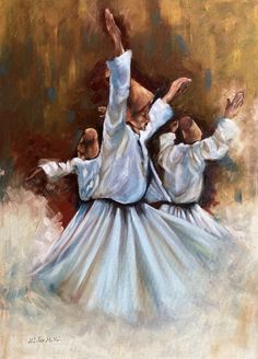 an oil painting of three people in white dresses dancing together with their arms raised up