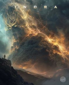 a man standing on top of a mountain under a cloudy sky with lightning coming from it