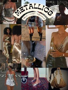 a collage of photos showing different styles of women in gold and silver outfits, with the words metallics on them