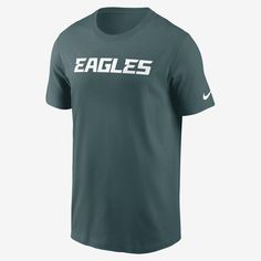 The Philadelphia Eagles Primetime Wordmark Essential T-Shirt sets you up for game day with soft cotton fabric and team details across the chest. Green Fan Gear T-shirt With Team Logo, Green Team Logo T-shirt Fan Gear, Green T-shirt With Team Logo For Fans, Nike Green Sports T-shirt, Green T-shirt With Letter Print For Fans, Green Letter Print T-shirt For Fan Gear, Collegiate Green T-shirt With Logo Print, Green Sports Fan T-shirt, Green T-shirt For Sports Season Fan Gear