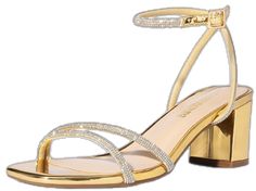 Gold Block Heels With 4-inch Heel For Summer, Gold Party Heels With 4-inch Heel, Gold Heels With 4-inch Open Heel, Gold Sandals With 4-inch Heel And Medium Width, Gold Sandals With 4-inch Heel In Synthetic Material, Low Heel Sandals, Gold Rhinestone, Strappy Heels, Low Heels