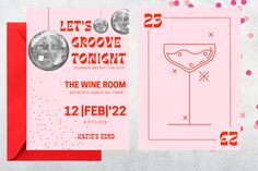 a pink and red party flyer with disco ball on the corner, and an image of a wine room