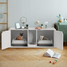 two cats are sitting in their beds on the floor next to an open bookcase