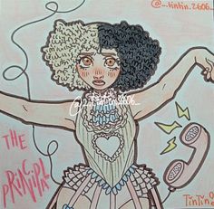 a drawing of a woman with curly hair holding her arms in the air and dancing