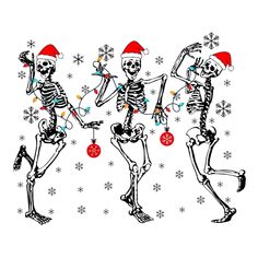 three skeletons dancing with christmas decorations on their heads and arms, all dressed in santa's hats