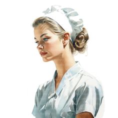 a painting of a woman in scrubs with her hand on her hip and looking to the side