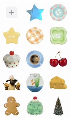 some different types of food and decorations on a white background