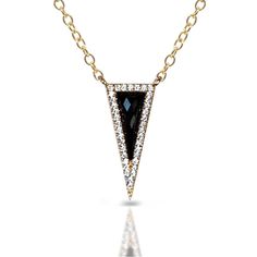 black onyx and diamond necklace in 14k gold, with 16" gold chain plus 2" extensionArt deco inspired delicate elongated triangle design with black onyx checker cut center stone surrounded by pave set brilliant diamonds Other center stone available, please inquire 37 Dimensions: length 15.80 mm width 6.36 mm 37 Diamond Information: 37 diamonds .10 ct Stone Information: 1 black onyx .37 ct Gold: white, yellow and rose gold Delivery: 4-6 weeks. Black Necklace With Diamond Accents For Evening, Triangle Design, Art Deco Inspired, Brilliant Diamond, Necklace Sizes, Black Onyx, Gold Black, Gold Chain, Gold Chains