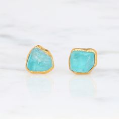 "Genuine raw apatite crystal shard stud earrings. Two large and beautiful ombre apatite crystals set as stud earrings. The earring post and earring backs are made from sterling silver and 14k gold fill. These raw apatite crystals are completely one of a kind! 24k Gold Dipped 5-12mm Apatite Crystals are One-of-a-Kind The earring posts and earring backs are made entirely with pure sterling silver and 14k gold fill. Unlike other electroforming artists, I use sterling silver and 14k gold fill instea Aesthetic Handmade Gifts, Crystal Shard, Apatite Crystal, Blue Stud Earrings, Multiple Rings, Rough Crystal, Earring Post, Earring Posts, Gemstone Studs