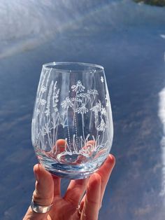 a person holding up a wine glass in front of the water and land behind them