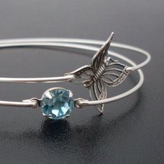 Sky Blue Butterfly Bangle Bracelet Set Butterfly Wedding Jewelry, Sky Butterfly, Light Blue Bracelet, Butterfly Charm Bracelet, Jewelry Butterfly, Little Butterfly, Bracelet Set Silver, Bangle Silver, The Blue Sky