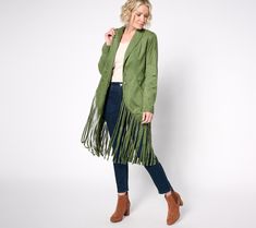 You don't have to hone your two-steppin' skills to show off the fringe benefits of this faux suede jacket. Merely any movement will bring attention to its wow-worthy Western style and danceable fringed details (but a quick twirl around the room can only inspire more admiration). Fun is always in the fashion forecast when you have this chic and flirty layer on hand! From American West. Fitted Outerwear With Beaded Fringe For Fall, Fitted Beaded Fringe Outerwear For Fall, Trendy Beaded Fringe Fall Outerwear, Spring Suede Fringe Outerwear, Spring Suede Outerwear With Fringe, Fashion Forecasting, Suede Fringe Jacket, Faux Suede Jacket, The Fringe