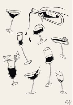 Illustration of a variety of glasses in a black and white sketch style Wall Art Sketches, Sketch Prints, Random Decorations, Posters For Apartment, Drinking Graphics, Party Sketch Illustration, Party Collage, Drinking Drawing, Artsy Posters