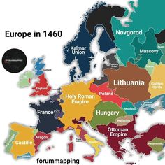 a map with countries in different colors and the names of each country on one side