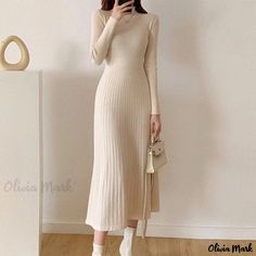 Olivia Mark - Luxurious Wrap-Around Style Dress with Mid-Calf Hemline and Discreet Closure High Neckline Dress, Knee Length Sweater, Party Midi Dress, Midi Dress For Women, Dresses Ladies, Sweater Dresses, Ribbed Knit Dress, Midi Dress Party, Knit Sweater Dress