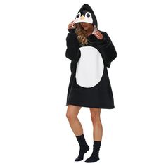 Black Penguin Cartoon Print Blanket Hoodie Black Hoodie With Adjustable Hood For Loungewear, Black Hooded Sweatshirt For Loungewear, Comfortable Black Hoodie, Cozy Black Hoodie With Drawstring Hood, Black Hooded Outerwear For Loungewear, Penguin Cartoon, Blanket Hoodie, Print Blanket, Cartoon Print