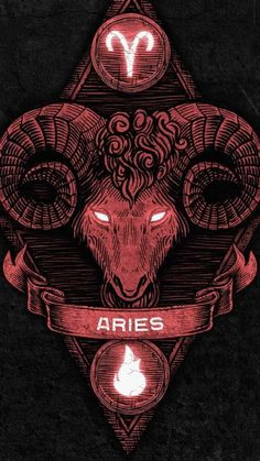 the aries symbol on a black background with red ink and an orange light above it