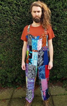 Patchwork dungarees jumpsuit overalls aztec funky festivals Etsy Diy Dungarees, Patchwork Dungarees, Aunt Esther, Cecil Palmer, Rainbow Jumpsuit, Africa Burn, Ugly Clothes, Boho Street Style, Ugly Outfits