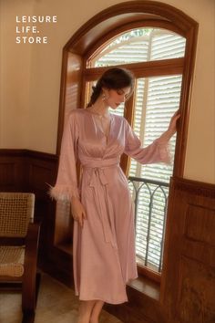 Satin Feather Trim Robe Silky Satin Bridal Nightgown Bridesmaids Feather Trim Robe Wedding Feather Trim Nightgown Satin Finish V-neck Sleepwear For Party, Long Sleeve Satin Dress For Loungewear, Elegant Satin Sleepwear For Sleepover, Feminine Satin Party Sleepwear, Feminine Long Sleeve Party Sleepwear, Elegant Long Sleeve Robe For Sleepover, Long Sleeve Satin Night Dress, Party Sleepwear With Satin Finish And V-neck, Satin Finish V-neck Party Sleepwear