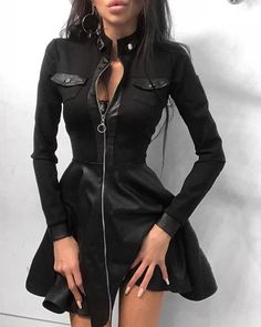 Mini Dress Casual, Black Long Sleeve Dress, Slim Dresses, Long Sleeve Mini, Leather Dress, Black Laces, Looks Vintage, White Casual, Types Of Skirts