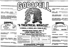 an advertisement for the musical theatre godspell, which is on display at the theater