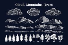 the mountains and trees are drawn in chalk on a dark background, with clouds above them