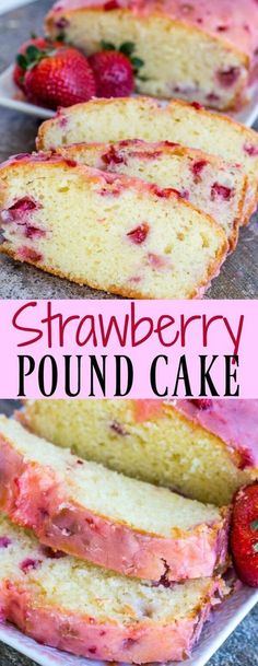 strawberry pound cake on a white plate with strawberries in the background and text overlay