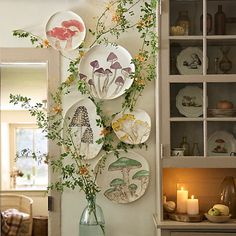 plates are hanging on the wall next to a vase filled with flowers and plants in front of a lit candle