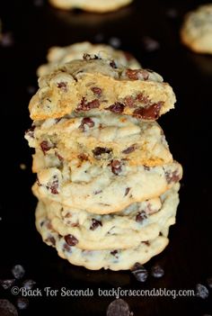 chocolate chip cookies stacked on top of each other