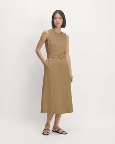 The Linen Belted Midi Dress Build Wardrobe, Belted Midi Dress, Bone White, Adjustable Belt, Spring 2024, Linen Women, Midi Length, Work Wear, Colorful Dresses