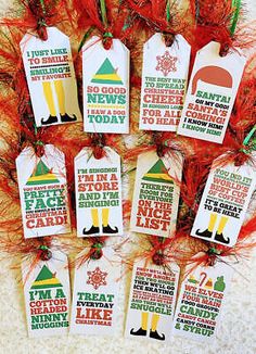 christmas gift tags with funny sayings on them and red feathers in the foreground