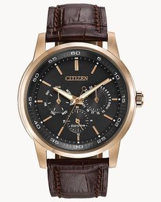 Corso - Men's Eco-Drive BU2013-08E Rose Gold Leather Watch | CITIZEN Mens Watches Citizen, Eco Drive Watches, Brown Leather Strap Watch, Citizen Watch, Citizen Eco, Eco Drive, Brown Leather Strap, Men's Watches, Dive Watches