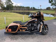 a brown and black motorcycle parked in front of a lake