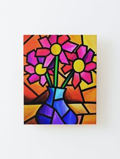 a painting of flowers in a blue vase on a white wall with an orange and pink background