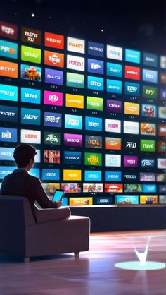 a man sitting on a chair in front of a television screen with many different channel logos