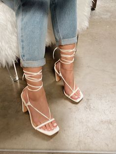 Sizing: true to size - Open toe - Lace up heel - Approx. 4" heel Tie Up Heels, Lace Heels, Wide Boots, White Tie, Lace Up Heels, Boot Sandals, Womens High Heels, Open Toe, Blue Jeans