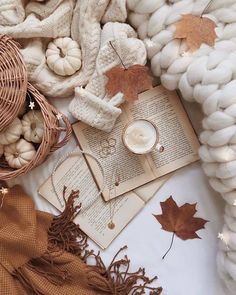 an open book surrounded by fall leaves, yarn and other items on a white surface