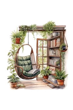 a watercolor painting of a hanging chair and bookshelf with potted plants