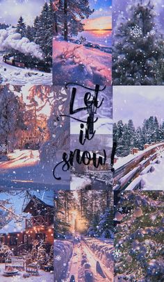 the words let it snow are written in different languages, and surrounded by images of snowy trees